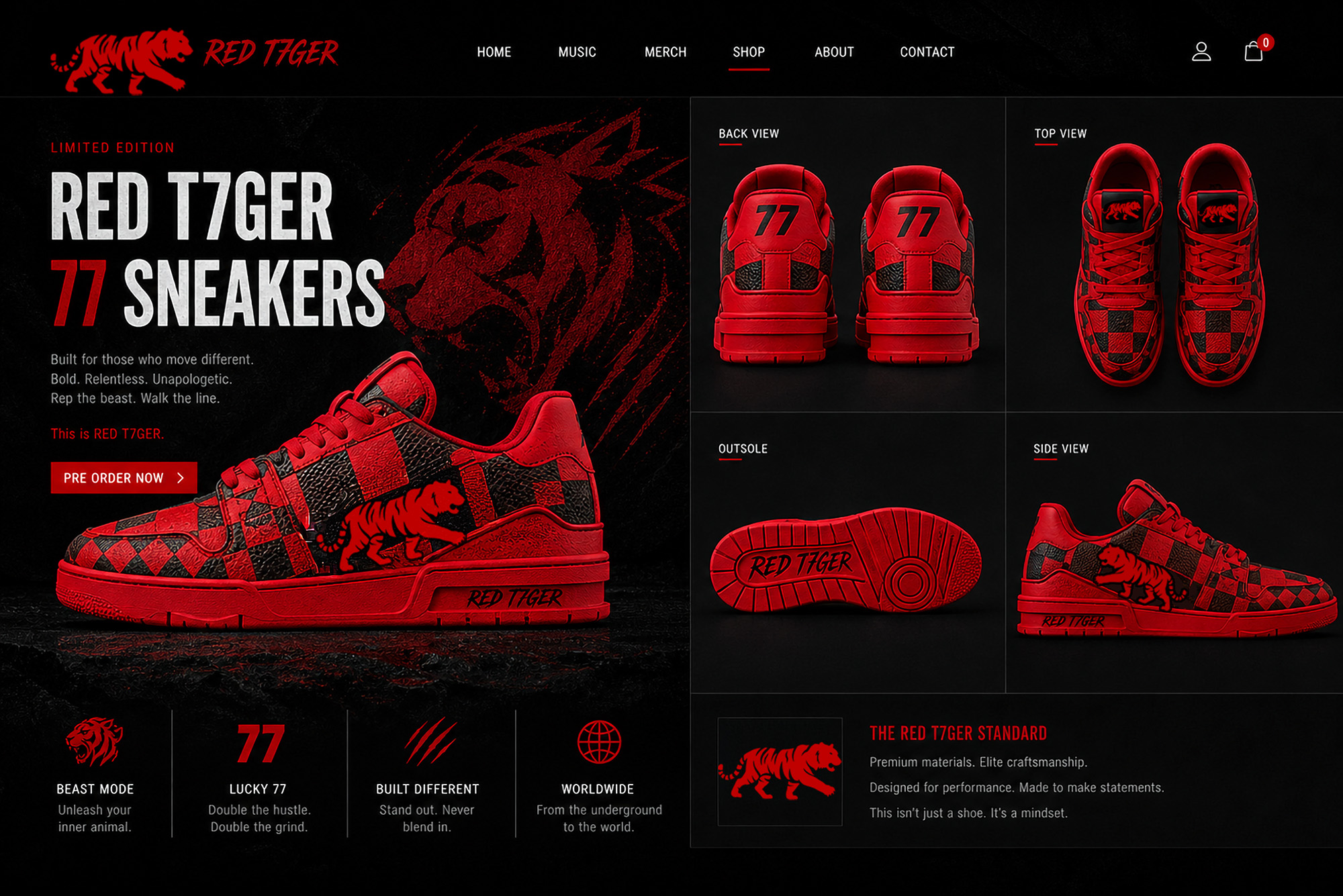 RED T7GER custom red and black sneaker design for RED T7GER Unlimited streetwear collection