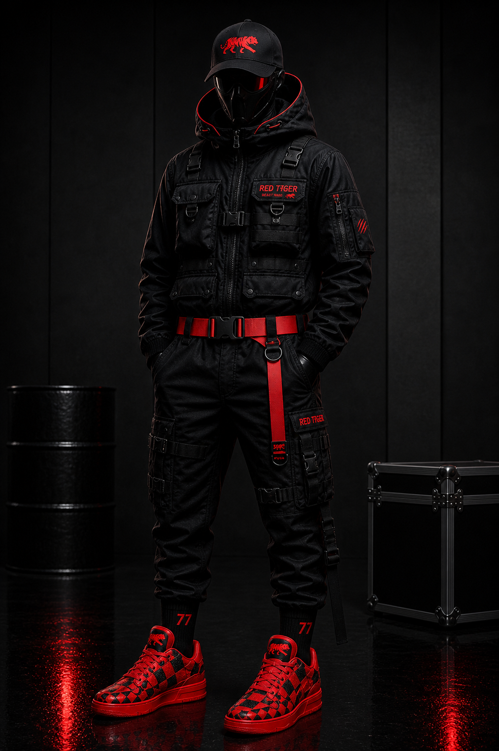 RED T7GER tactical streetwear concept in black and red branding